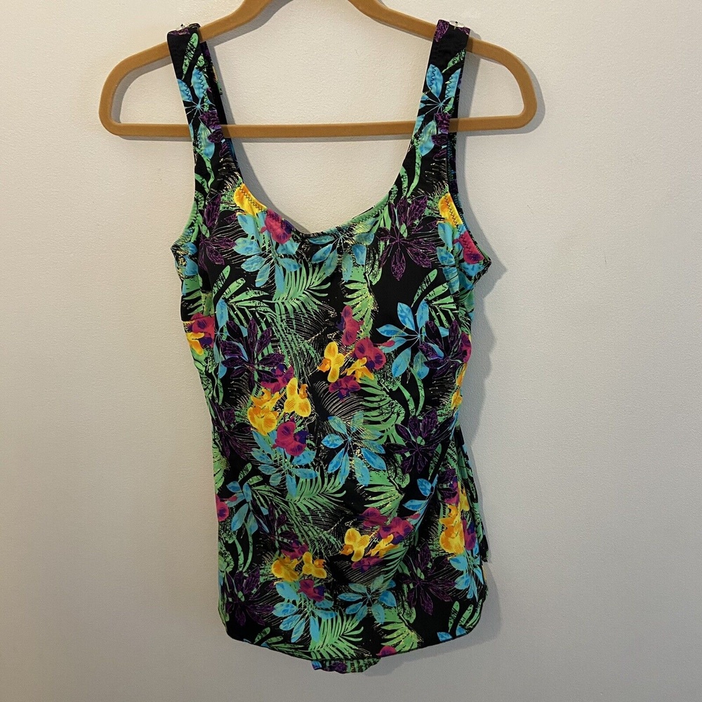 T.H.E. Swimwear Vintage One Piece Faux Wrap Swimsuit Bright Floral Size 18